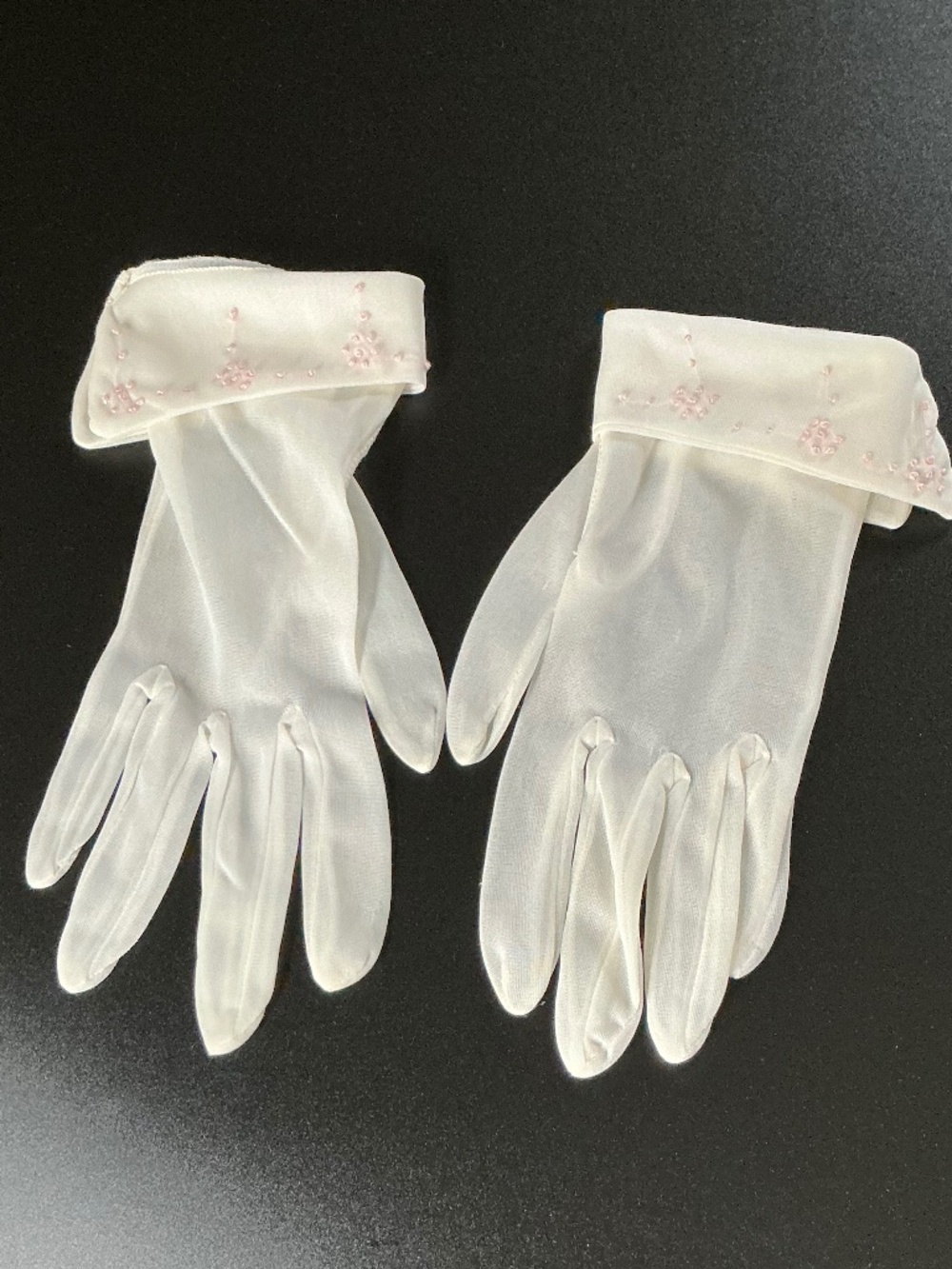Vintage Ivory Organza Gloves Formal Wedding Bridal Prom Pink Accents
